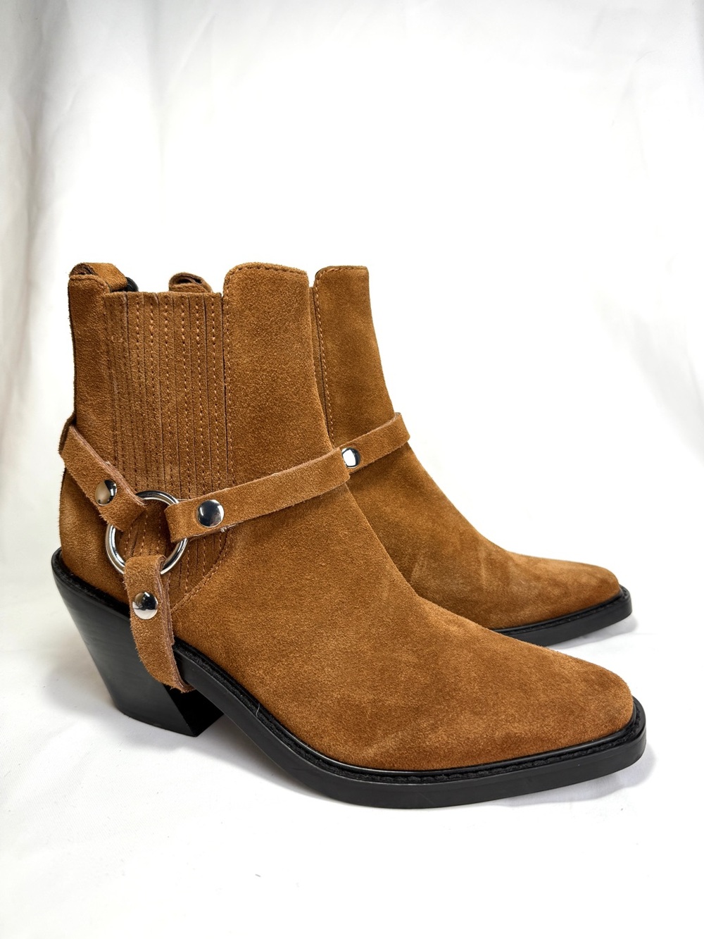 Rebecca Minkoff Jett Harness Suede Chelsea Western Boots Size 8.5 Brown